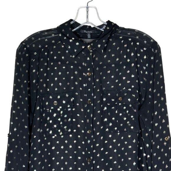 Monteau Black Long Sleeve Button Up Blouse Top Size M Polka Dot Roll Tab Sleeve - Picture 2 of 11